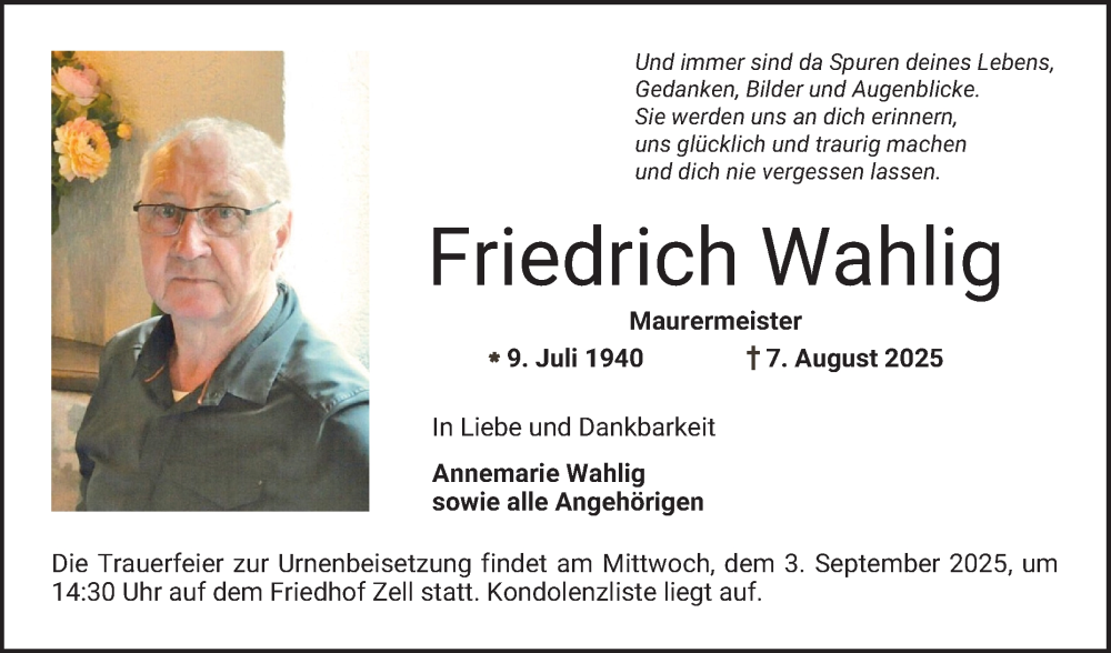  Traueranzeige für Friedrich Wahlig vom 30.08.2025 aus Bergsträßer Anzeiger