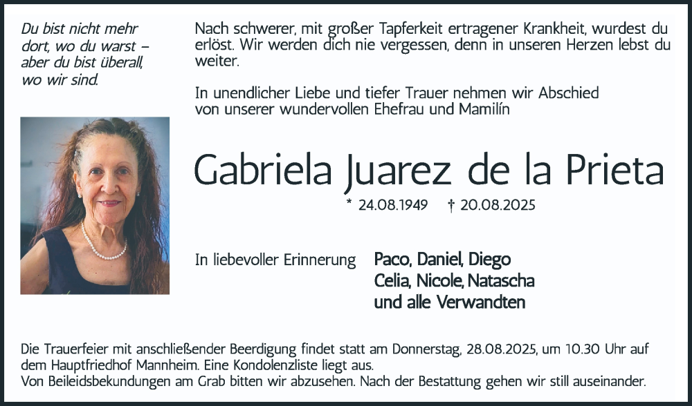  Traueranzeige für Gabriela Juarez de la Prieta vom 23.08.2025 aus Mannheimer Morgen