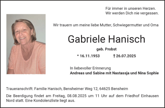 Traueranzeige von Gabriele Hanisch von Bergsträßer Anzeiger