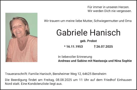 Traueranzeige von Gabriele Hanisch von Mannheimer Morgen