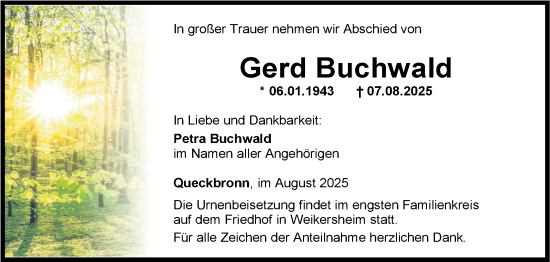 Traueranzeige von Gerd Buchwald von Fränkische Nachrichten