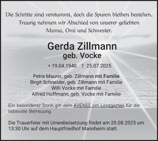 Traueranzeige von Gerda Zillmann von Mannheimer Morgen
