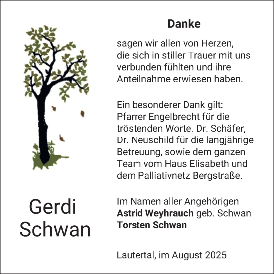 Traueranzeige von Gerdi Schwan von Bergsträßer Anzeiger