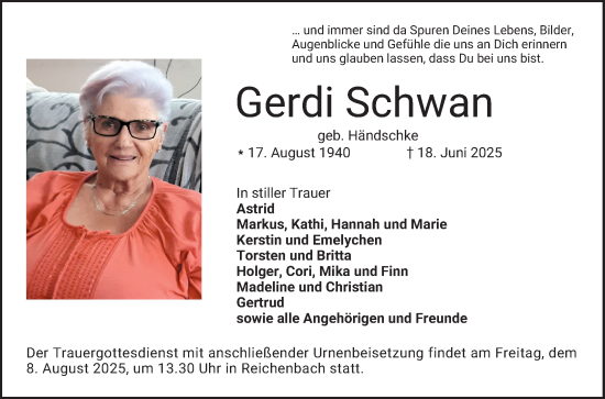 Traueranzeige von Gerdi Schwan von Bergsträßer Anzeiger