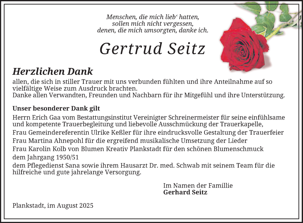  Traueranzeige für Gertrud Seitz vom 09.08.2025 aus Schwetzinger Zeitung
