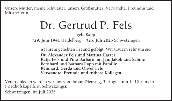 Traueranzeige von Gertrud P. Fels von Schwetzinger Zeitung