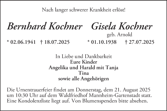 Traueranzeige von Gisela Kochner von Mannheimer Morgen