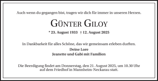 Traueranzeige von Günter Giloy von Mannheimer Morgen