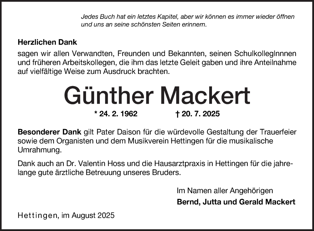  Traueranzeige für Günther Mackert vom 16.08.2025 aus Fränkische Nachrichten