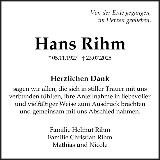 Traueranzeige von Hans Rihm von Mannheimer Morgen