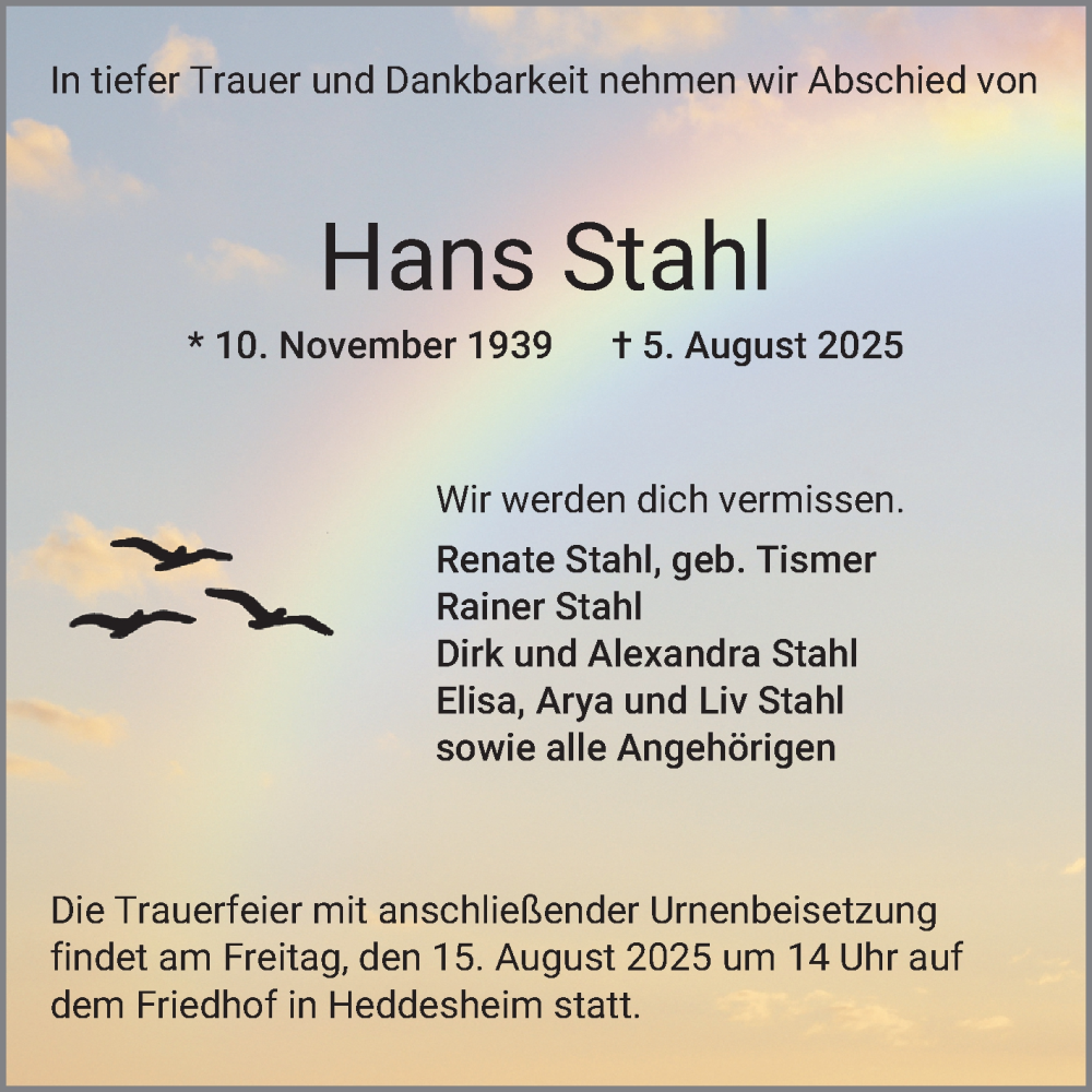  Traueranzeige für Hans Stahl vom 09.08.2025 aus Mannheimer Morgen