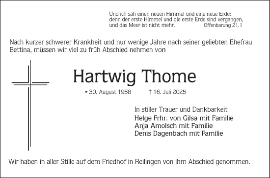 Traueranzeige von Hartwig Thome von Schwetzinger Zeitung