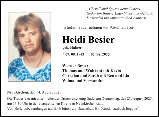 Traueranzeige von Heidi Besier von Fränkische Nachrichten
