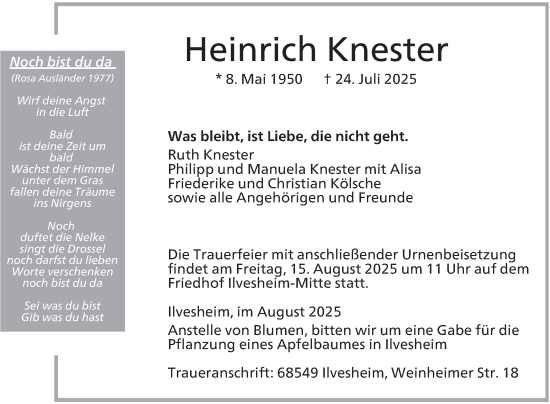 Traueranzeige von Heinrich Knester von Mannheimer Morgen