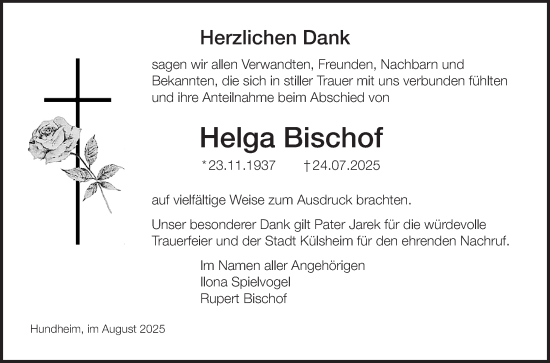 Traueranzeige von Helga Bischof von Fränkische Nachrichten