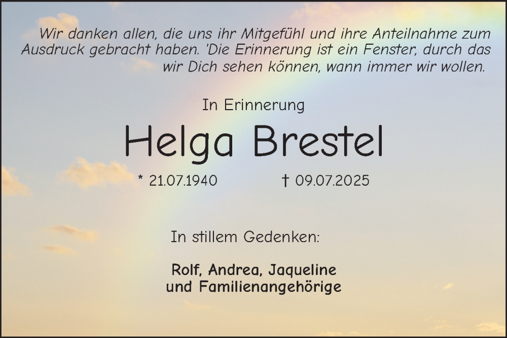  Traueranzeige für Helga Brestel vom 23.08.2025 aus Bergsträßer Anzeiger