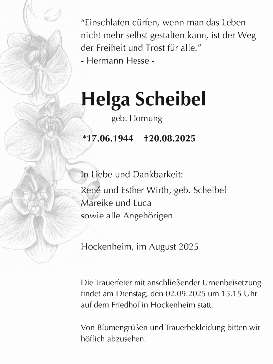 Traueranzeige von Helga Scheibel von Schwetzinger Zeitung