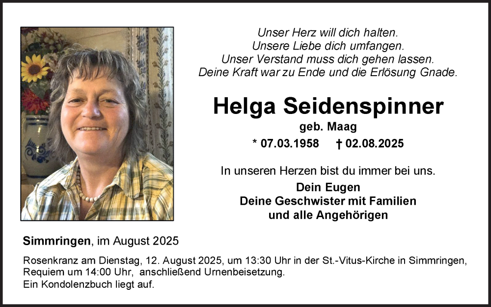  Traueranzeige für Helga Seidenspinner vom 09.08.2025 aus Fränkische Nachrichten