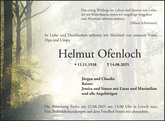 Traueranzeige von Helmut Ofenloch von Bergsträßer Anzeiger