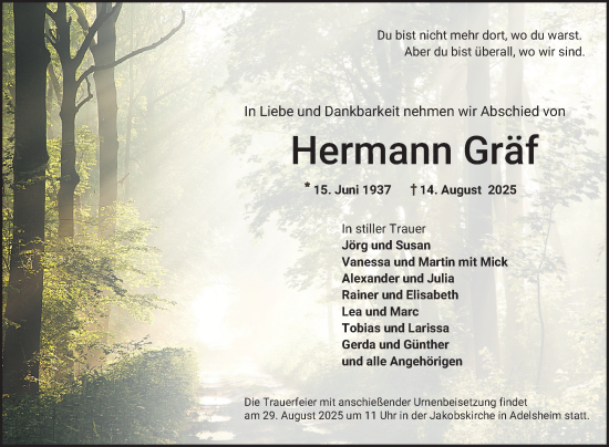 Traueranzeige von Hermann Gräf von Fränkische Nachrichten