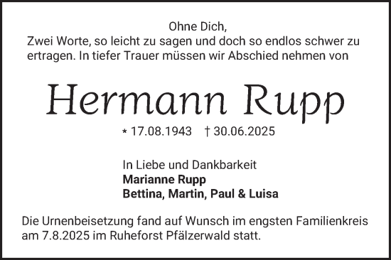 Traueranzeige von Hermann Rupp von Mannheimer Morgen