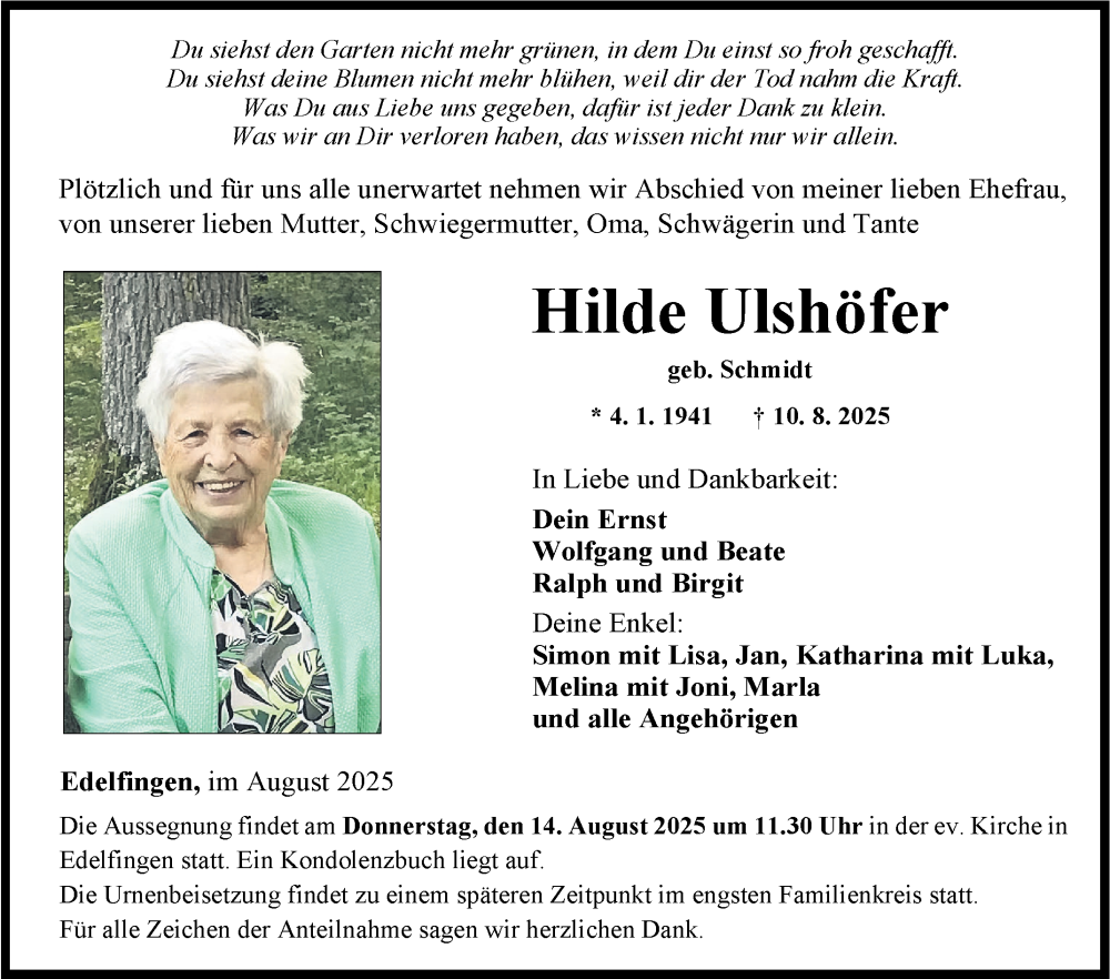  Traueranzeige für Hilde Ulshöfer vom 13.08.2025 aus Fränkische Nachrichten