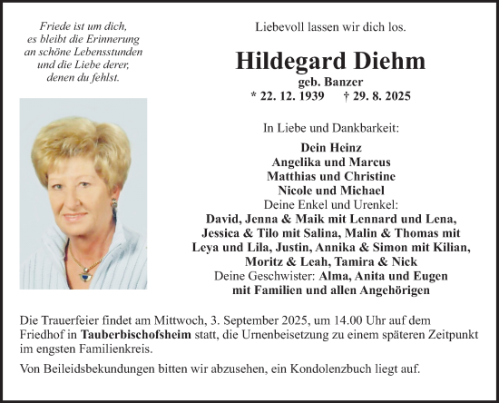 Traueranzeige von Hildegard Diehm von Fränkische Nachrichten