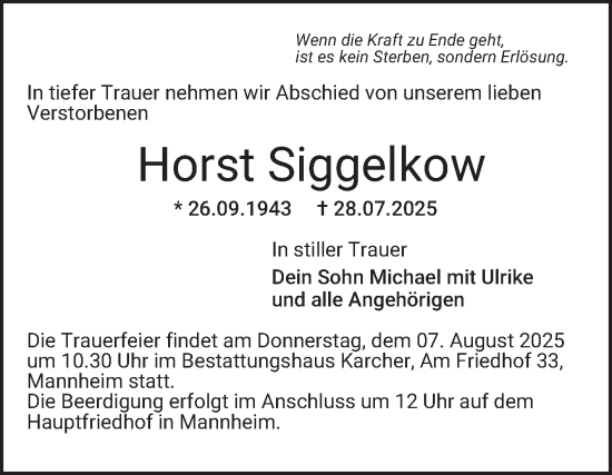 Traueranzeige von Horst Siggelkow von Mannheimer Morgen