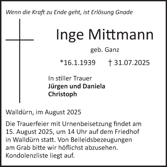 Traueranzeige von Inge Mittmann von Fränkische Nachrichten