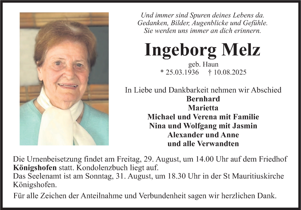  Traueranzeige für Ingeborg Melz vom 23.08.2025 aus Fränkische Nachrichten
