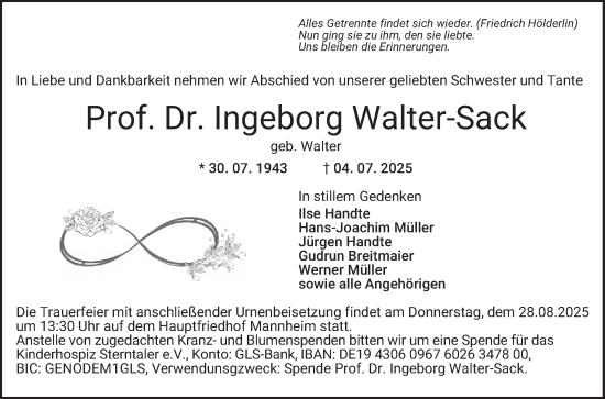 Traueranzeige von Ingeborg Walter-Sack von Mannheimer Morgen