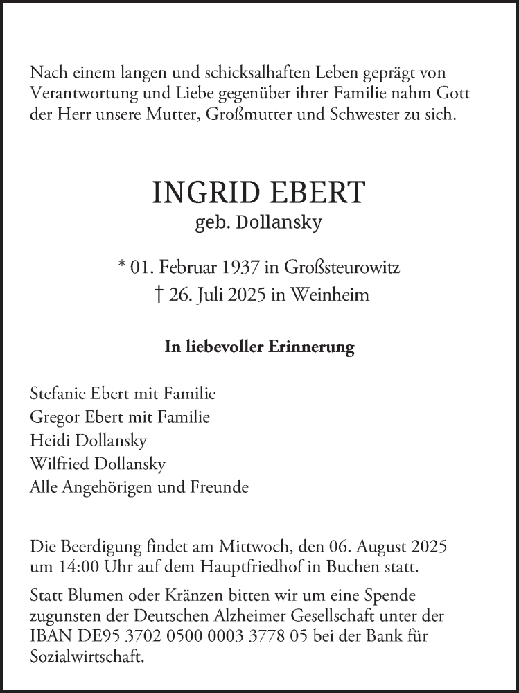  Traueranzeige für Ingrid Ebert vom 02.08.2025 aus Fränkische Nachrichten