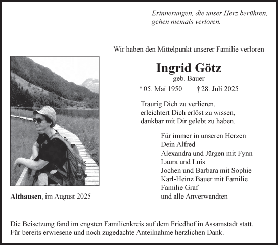 Traueranzeige von Ingrid Götz von Fränkische Nachrichten