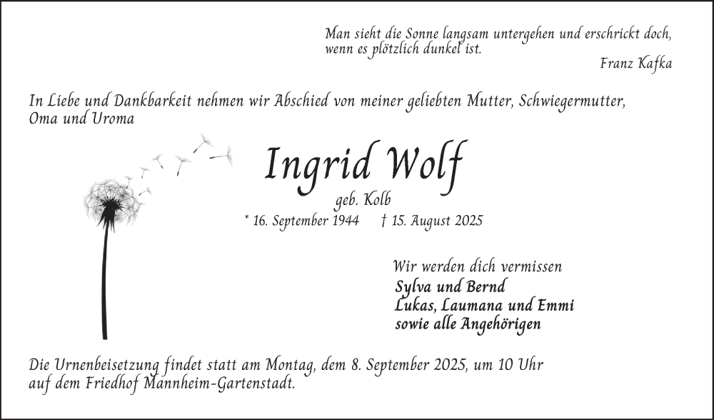  Traueranzeige für Ingrid Wolf vom 30.08.2025 aus Mannheimer Morgen