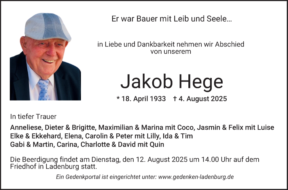  Traueranzeige für Jakob Hege vom 09.08.2025 aus Mannheimer Morgen