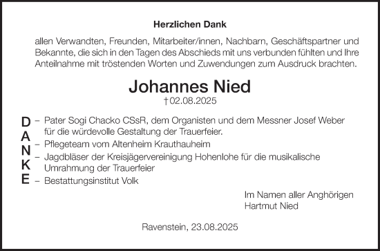 Traueranzeige von Johannes Nied von Fränkische Nachrichten