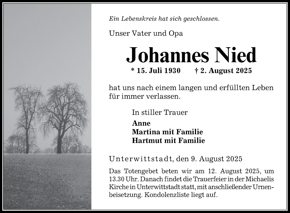  Traueranzeige für Johannes Nied vom 09.08.2025 aus Fränkische Nachrichten