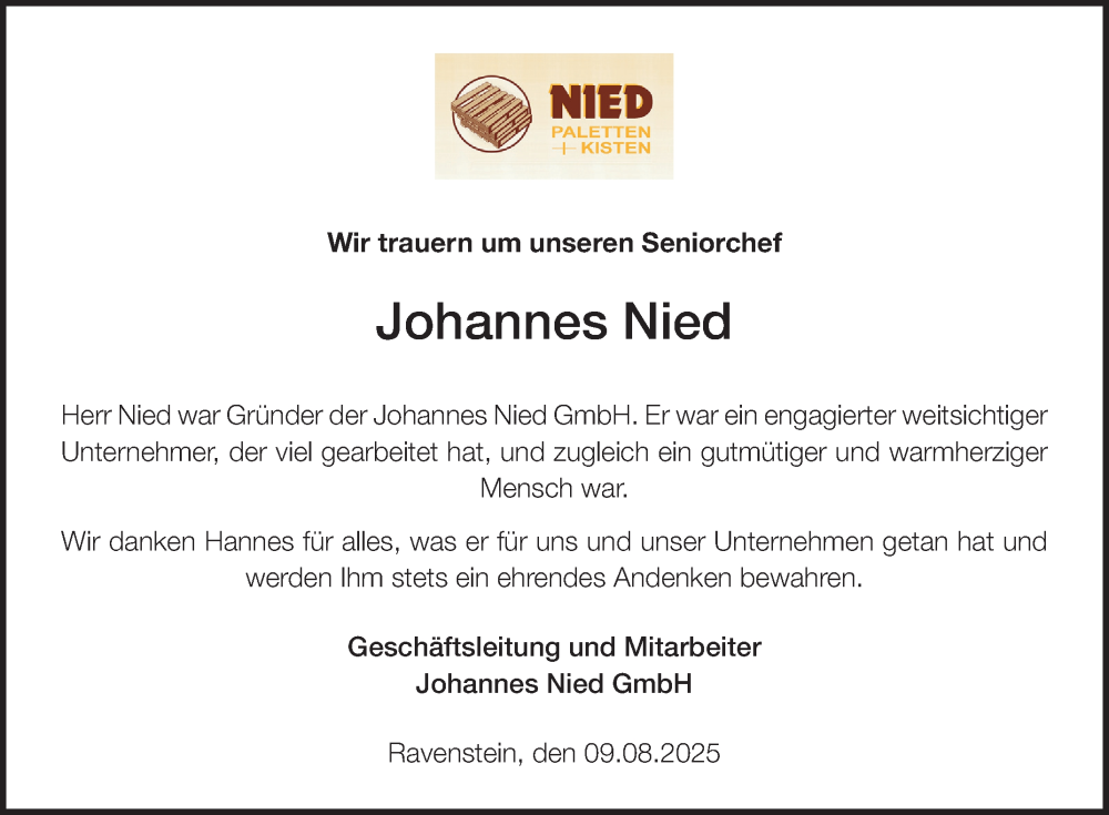  Traueranzeige für Johannes Nied vom 09.08.2025 aus Fränkische Nachrichten