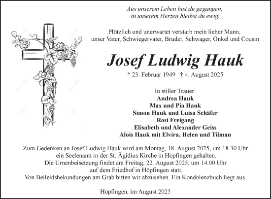 Traueranzeige von Josef Ludwig Hauk von Fränkische Nachrichten