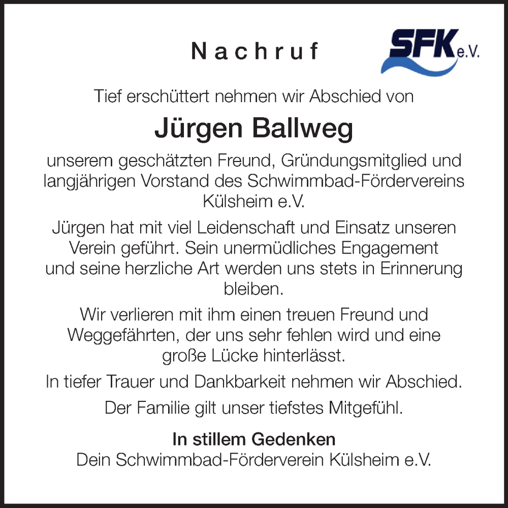  Traueranzeige für Jürgen Ballweg vom 23.08.2025 aus Fränkische Nachrichten