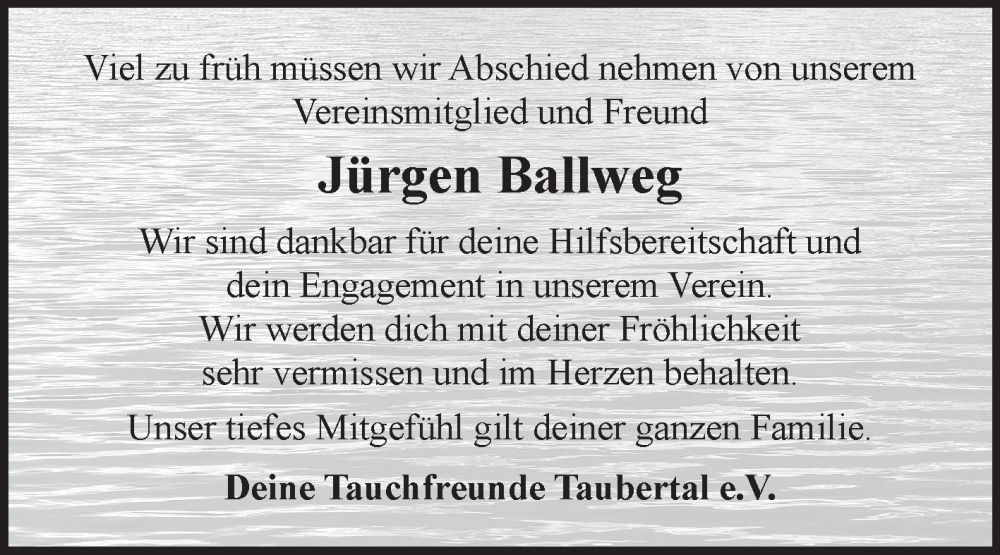  Traueranzeige für Jürgen Ballweg vom 23.08.2025 aus Fränkische Nachrichten