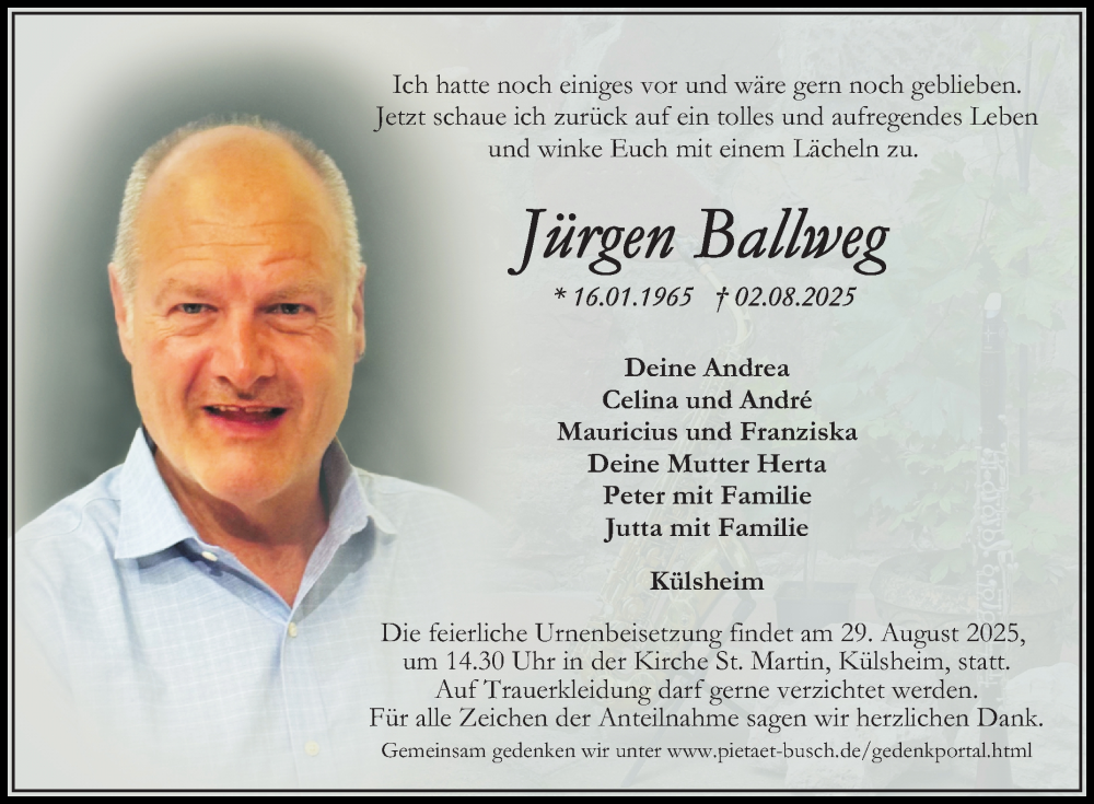  Traueranzeige für Jürgen Ballweg vom 23.08.2025 aus Fränkische Nachrichten