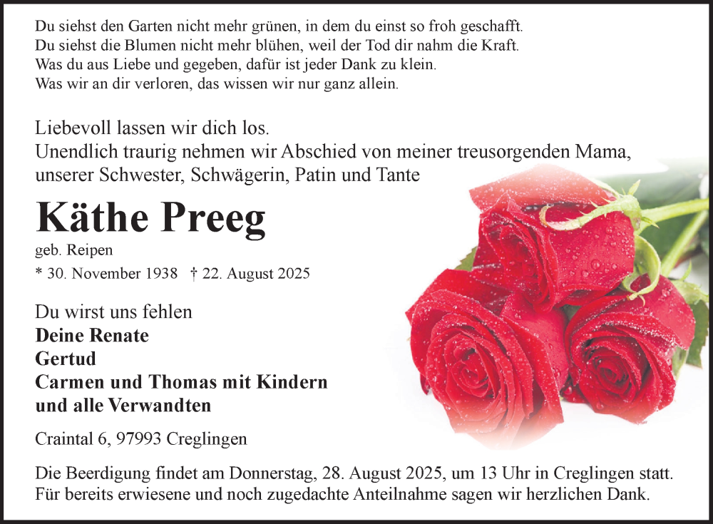  Traueranzeige für Käthe Preeg vom 26.08.2025 aus Fränkische Nachrichten
