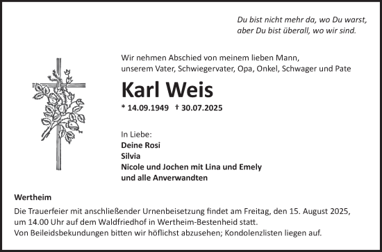 Traueranzeige von Karl Weis von Fränkische Nachrichten