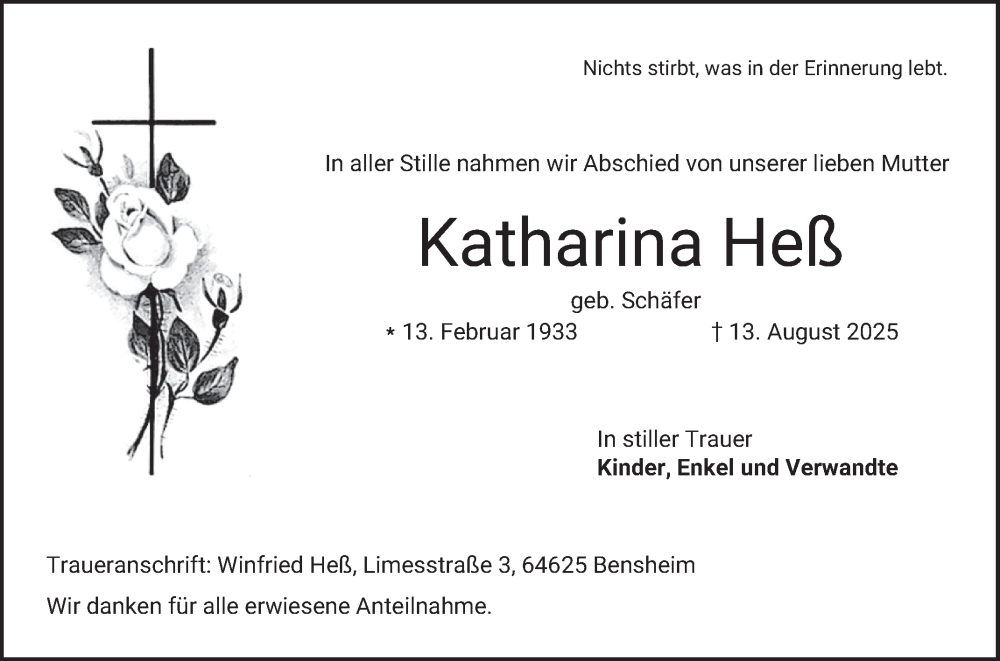  Traueranzeige für Katharina Heß vom 23.08.2025 aus Bergsträßer Anzeiger