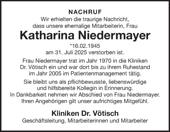 Traueranzeige von Katharina Niedermayer von Fränkische Nachrichten
