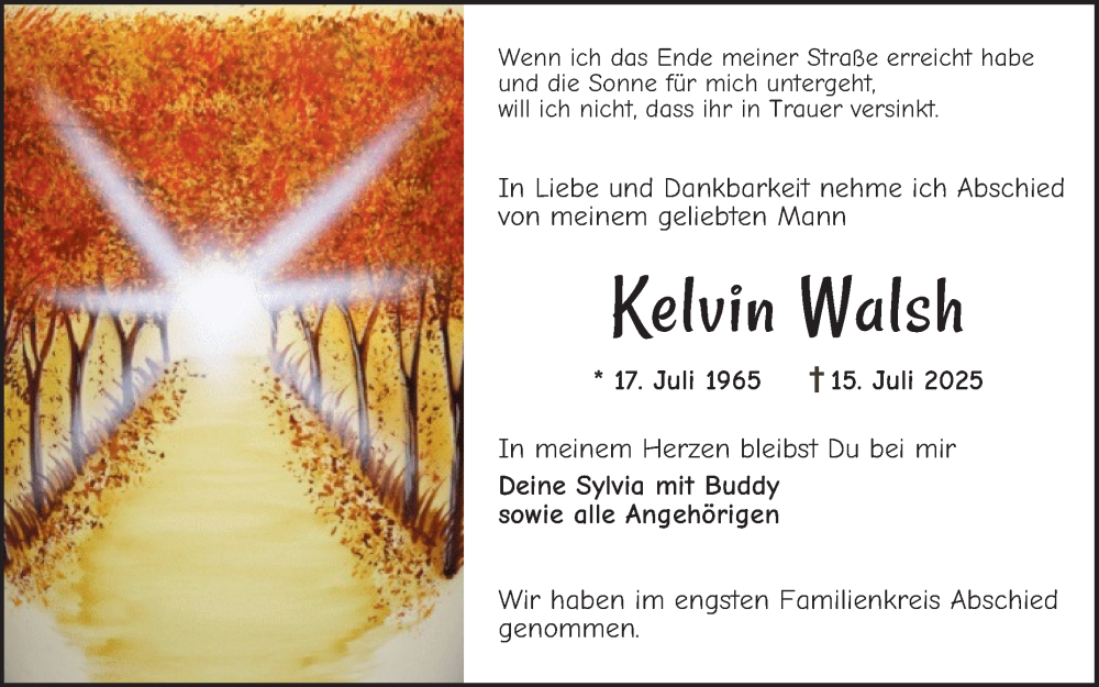  Traueranzeige für Kelvin Walsh vom 02.08.2025 aus Schwetzinger Zeitung