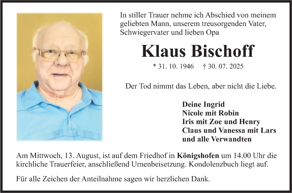  Traueranzeige für Klaus Bischoff vom 07.08.2025 aus Fränkische Nachrichten