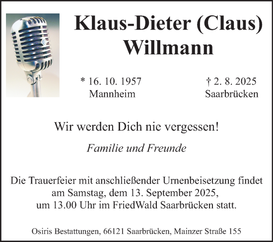 Traueranzeige von Klaus-Dieter Willmann von Mannheimer Morgen