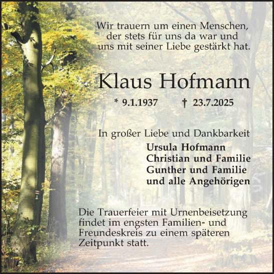 Traueranzeige von Klaus Hofmann von Schwetzinger Zeitung